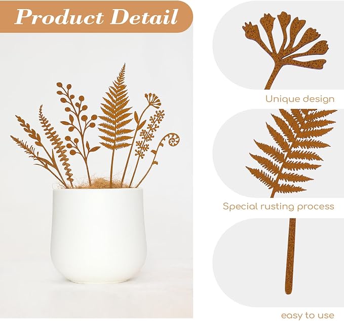 8-Piece Fern & Leaf Metal Garden Stakes | Flower Bed Accent, Pot and Patio Display, Rustic Metal Finish, Yard Art Style