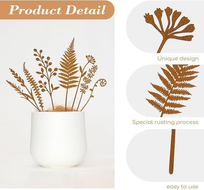 8-Piece Fern & Leaf Metal Garden Stakes | Flower Bed Accent, Pot and Patio Display, Rustic Metal Finish, Yard Art Style