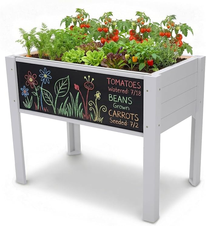Raised Garden Bed with DIY Chalkboard, 30 x 24 x 18 Inch Wooden Elevated Raised Garden Bed, Outdoor Planter Box with Legs for Vegetables Grass Lawn Yard, Light Gray