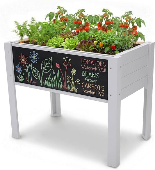 Raised Garden Bed with DIY Chalkboard, 30 x 24 x 18 Inch Wooden Elevated Raised Garden Bed, Outdoor Planter Box with Legs for Vegetables Grass Lawn Yard, Light Gray
