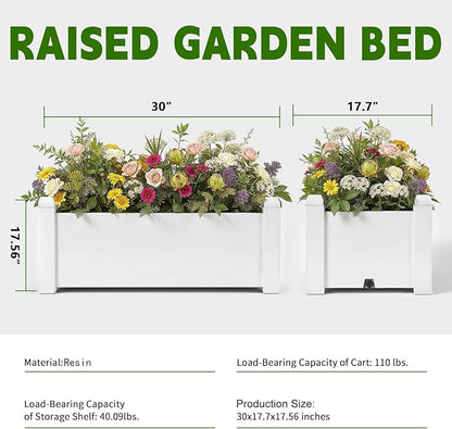 PatioZen 14 Gallon Raised Garden Bed, Self-Watering Raised Planter Box with Drainage Plug & Gauge for Vegetables Flowers Herbs Succulents, Rustproof Resin for Backyard Patio Porch (Ashen)