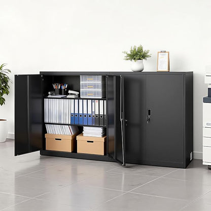VEVOR Metal Storage Cabinet, 41.7 in Steel Garage Cabinet with 2 Adjustable Shelves, 2 Magnetic Doors & 2 Keys, 3 Tiers Lockable Tool Storage for Pantry, Warehouse, Basement, Office, Black