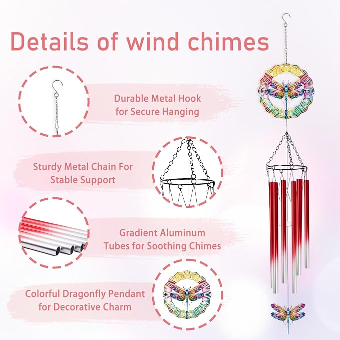 Dragonfly Wind Chimes for Outside with Wind Spinner, Outdoor Summer Garden Patio Yard Porch Decor, Colorful Dragonfly Wind Chime with Gift Box, Birthday Housewarming Gifts for Women Mom