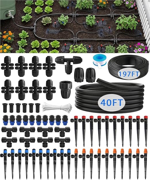 1/2" Drip Irrigation System Kit with 55 Adjustable Nozzles, PE UV-Resistant | Quick-connect, 2X Lifespan of PVC , Leak-Proof for Indoor Pots, 50FT 1/2" Main tube+ 197FT 1/4" Tube, 4 Nozzle Types