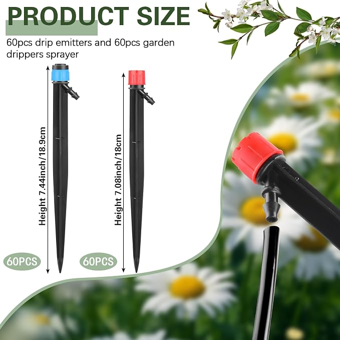 SiliFine 120 Pcs Drip Irrigation Emitters for 1/4'' Drip Irrigation Tubing 60 Irrigation Emitters Sprayer 60 Adjustable 360 Degree Water Flow Drippers for Patio Lawn Garden Watering