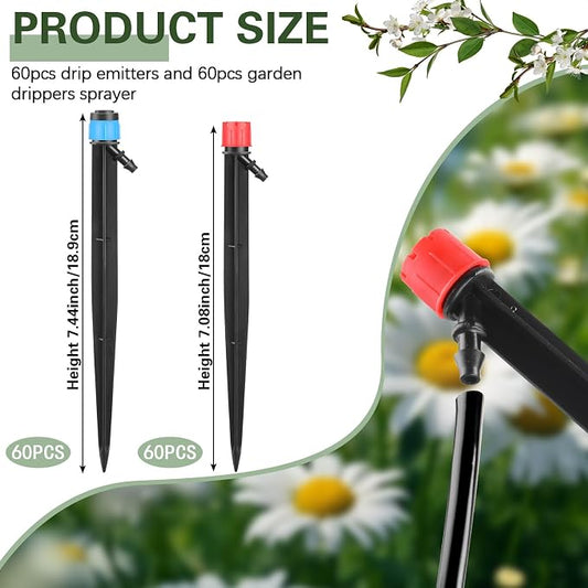 SiliFine 120 Pcs Drip Irrigation Emitters for 1/4'' Drip Irrigation Tubing 60 Irrigation Emitters Sprayer 60 Adjustable 360 Degree Water Flow Drippers for Patio Lawn Garden Watering