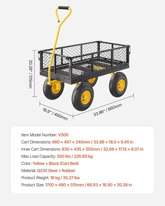 VEVOR Steel Garden Cart 500 lbs Heavy Duty Garden Wagon Cart on Wheels | Pullable Metal Yard Utility Wagon with 10" All Terrain Tires, Mesh Detachable Sides (Convert to Flatbed) 180° Rotating Handle