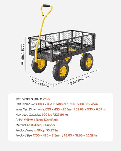 VEVOR Steel Garden Cart 500 lbs Heavy Duty Garden Wagon Cart on Wheels | Pullable Metal Yard Utility Wagon with 10" All Terrain Tires, Mesh Detachable Sides (Convert to Flatbed) 180° Rotating Handle