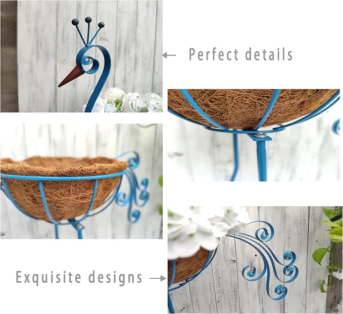 COOZZYHOUR Metal Peacock Planter with Fiber Basket -Garden Bird Planters for Outdoor Indoor Lawn,Yard,Porch,Patio, Garden Decorations（Set of 2）