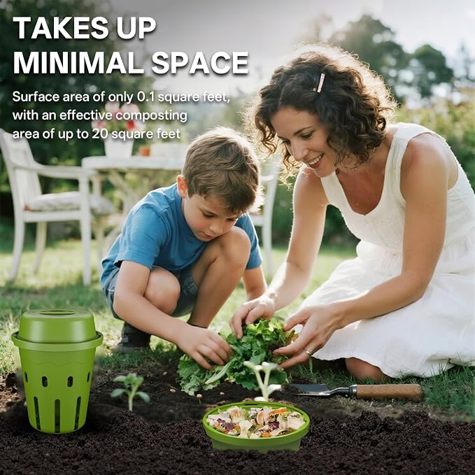 Inground Worm Composter, Mini Underground Worm Farm for Garden Beds, Outdoor Worm Compost Bin for Food Waste, Vermicomposting Bin for Beginners, Elderly, Children (7x7x7.4Inch), Green, 2-Pack