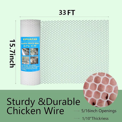 White Plastic Wire Mesh Fence 15.7IN x 33FT - Commercial Grade Hexagonal Netting, Heavy Duty Snake & Rodent Barrier for Farms, Poultry Yards, Dog Runs | Durable Outdoor Security Fencing