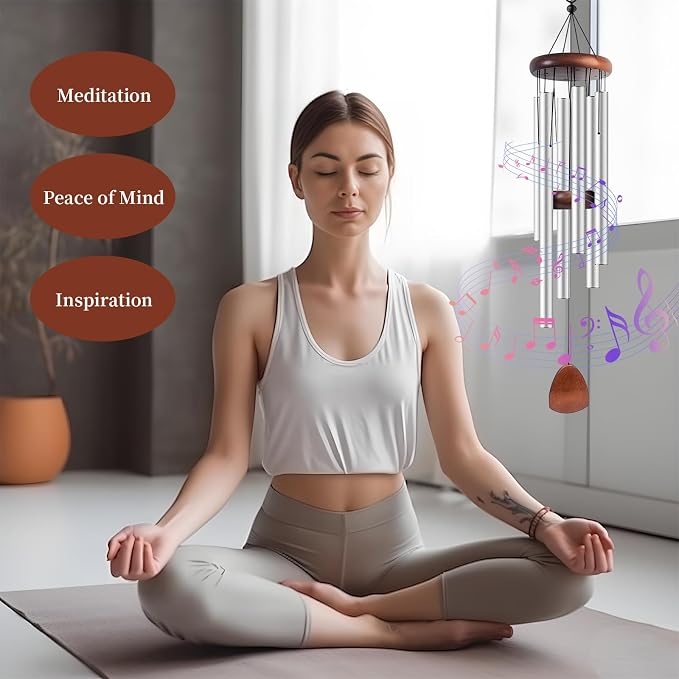 37 Inch Large Aluminum Wind Chimes, Sleek Silver with Deep Tone and Wood Top, Outdoor Decor for Garden Patio Backyard Porch, Birthday Housewarming Gift