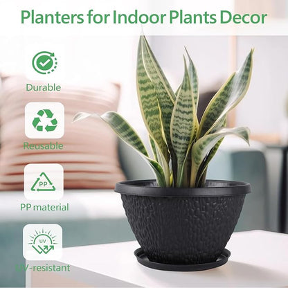 Nooulap 4 Pack 10 inch Plant Pots for Outdoor Indoor, Durable Flower Pots with Drainage, Indoor Outdoor Planters for Herbs Flowers Small Trees (Black Pebbles Design)
