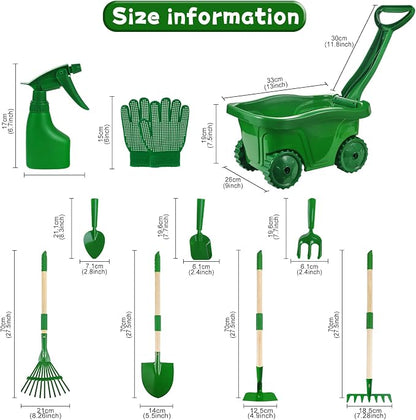Kids Gardening Tools Set - 10Pcs Wheelbarrow Outdoor Yard Toys, Ages 3+ | Real Shovel Rake Hoe and Leaf Rake, Outdoor yard Play, Digging Weed Garden Educational Toys, Gift for Toddler Boys & Girls