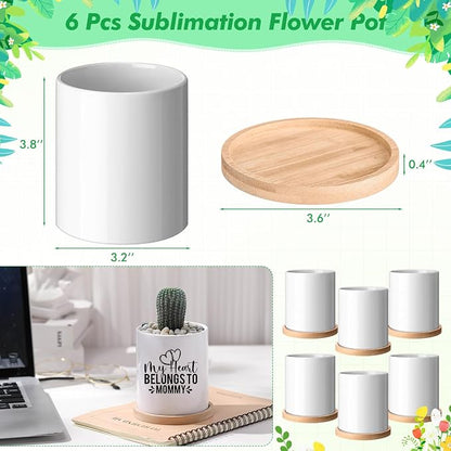 Teenyyou 6 Pcs Sublimation Flower Pot Blanks Mini 3.2 in Garden Ceramic Succulent Planter Pot with Bamboo Tray with Drainage Hole Thank You Gifts for Employee Appreciation Plant Lover