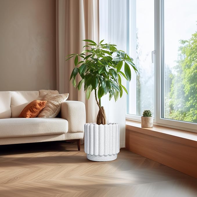 Ceramicfor Ceramic Flower Pot, 12 Inch, White | Fluted Design, Drainage Hole, Indoor Outdoor, Modern Round, Plant Lover Gift