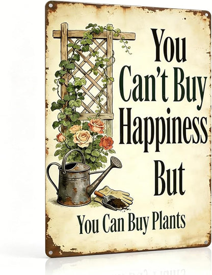 Funny Garden Metal Signs, Vintage Outdoor Wall Decor 8x12 Inch | Can't Buy Happiness But Buy Plants, Weatherproof Aluminum Sign for Patio Yard Greenhouse, Gift For Gardeners