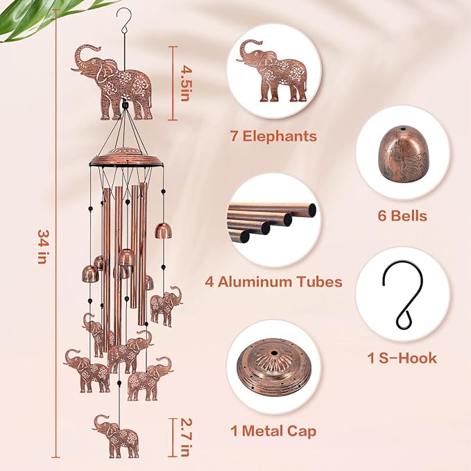 Elephant Wind Chimes Outdoor Elephant Gifts for Women/Men/Mom/Grandma/Wife Birthday Gifts Memorial Gift Metal WindChimes for Outside/Indoors, Home, Lawn, Porch, Patio, Garden Decor, Yard Decorations