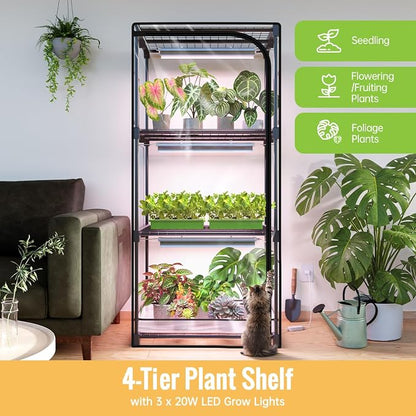 Indoor Greenhouse with Grow Light, 4-Tier Plant Stand with Zippered PVC Tent, Ventilation Window, Bottom Pouch, 20W Full Spectrum Plant Light with Timer for Seed Starting, 27"L x 19"W x 59"H