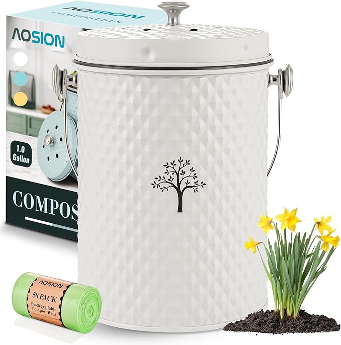 AOSION Countertop Kitchen Odorless Compost Bin with Removable Inner Bucket | 1 Gallon Composter Container,Includes 50 Compost Bags,2 Carbon Filters,Compost Bucket, ideal for food scraps,coffee grounds