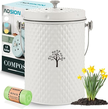 AOSION Countertop Kitchen Odorless Compost Bin with Removable Inner Bucket | 1 Gallon Composter Container,Includes 50 Compost Bags,2 Carbon Filters,Compost Bucket, ideal for food scraps,coffee grounds
