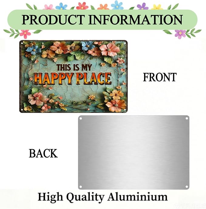 Funny Garden Metal Signs, Vintage Outdoor Wall Decor 12x8 Inch | This is My Happy Place, Weatherproof Aluminum Sign for Patio Yard Greenhouse, Gift For Gardeners