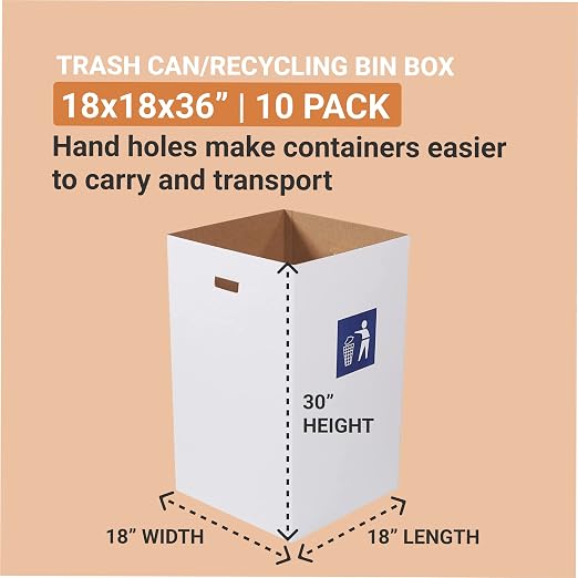 Box USA 40 Gallon 18" L x 18" W x 30" H 10-Pack Cardboard Trash Cans and Recycling Bins, Reusable or Disposable Pop Up Garbage Boxes for Parties, Outdoor Events, Heavy Duty, Waste