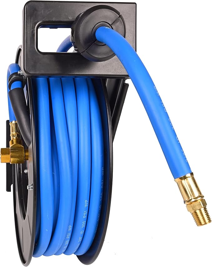 Eisen Air Hose Reel 3/8 in x 50 ft Premium Heavy-Duty Flexiable Hybrid Air Hose. Ceiling/Wall Mount, Retractable Air Compressor Hose Reel, 300 PSI Flexiable Hybrid Hose, black and blue