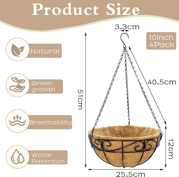 EIMQUVW Outdoor Metal Hanging Planters Basket (4pack, 10 inch) Hanging Baskets for Plants Chain Round Wire Plant Holder with Coco Fiber Liners for Garden, Patio, Deck, Porch(Flower Border)