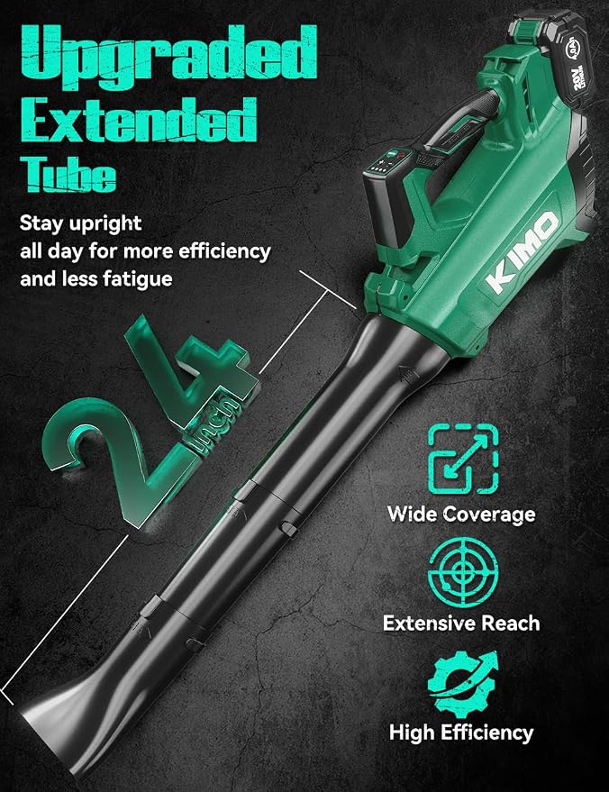 KIMO Leaf Blower Cordless with Battery and Charger, Brushless Motor, 650CFM 160MPH, Turbo Mode and 3 Speeds, 2 Pack 4000mAh Battery Powered Leaf Blowers for Lawn Care, 3 Extended Tube, Shoulder Strap