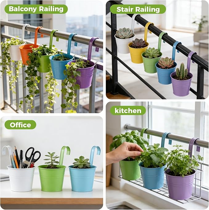 12 Pack Balcony Planters Railing Hanging, Colorful Railing Planter 4 Inches Small Hanging Plant Holder Indoor/Outdoor