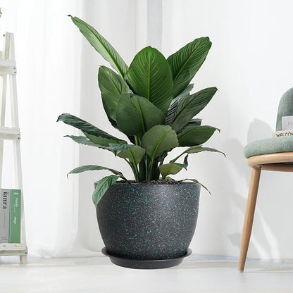 UOUZ 12inch Large Plant Pot, Modern Plastic Planter with High Driange Holes and Saucer for Indoor Outdoor Garden Plants and Flowers, Black with Green Speckles