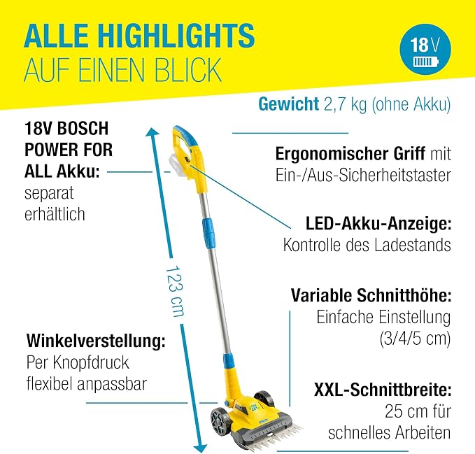 GLORIA battery lawn and edge trimmer FineCut 18V - complement for robotic mower | battery lawn mower/trimmer | 25 cm cutting width | adjustable handle angle |Bosch 18V POWER FOR ALL, without battery