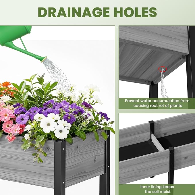 SUNYRISY Dual Wooden Raised Garden Bed Outdoor with Metal Legs for Gardening, 71" L x 23.6" W x 31.5" Elevated Planter Garden Box Raised Bed for Vegetable Flower Herb, Gray