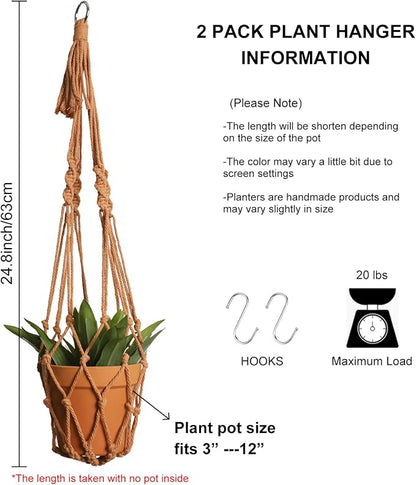 Artilady Macrame Hanging Planter for Indoor Plants Boho Plant Hanger Holder | Large Plant Holder, Hanging Baskets for Plants Outdoor, No Tassels, Farmhouse Rustic, Window Balcony Home Decor, 2 Pack