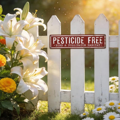 Garden Metal Tin Sign, Pesticide Free Bird & Pollinator Habitat Sign, Vintage Rustic Farmhouse Outdoor Wall Decor, for Porch Patio Yard Fence, Garden Notice Decor, 15.7 x 3.9 Inches