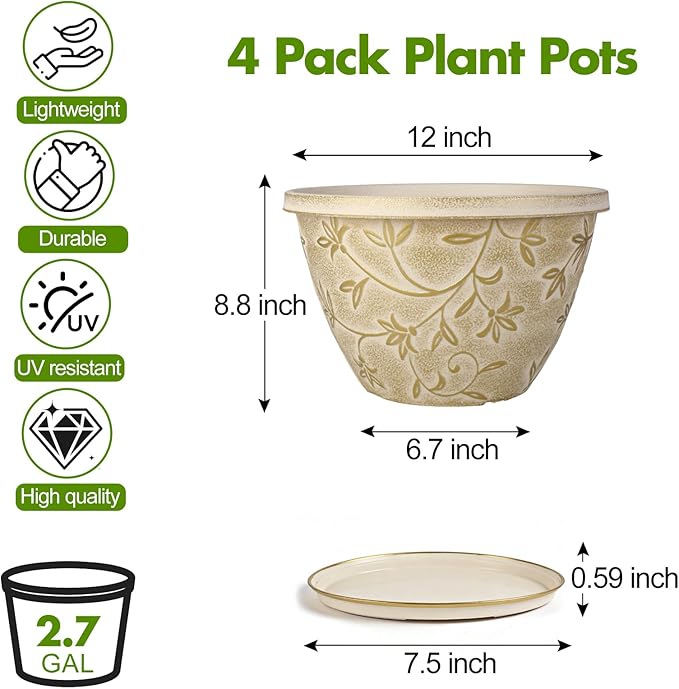 Nooulap 12 Inch Pots for Plants with Drainage, Large Plastic Flower Pots Outdoor Indoor, Decorative Planters with Gold Flower Pattern for Home, Porch, Balcony & Garden (Beige)