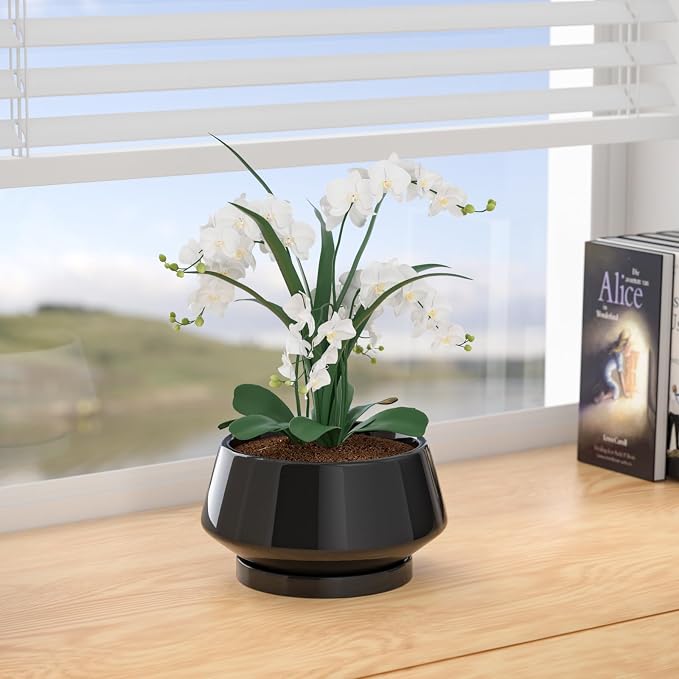 10 Inch Black Ceramic Planter with Drainage Hole and Saucer | Ideal for Indoor and Outdoor Plants, Modern Home Decor, Round, Gloss Black