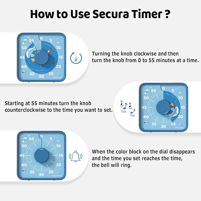 Secura 7.5-Inch 60-Minute Visual Timer for Kids, Magnetic Timer (Blue)