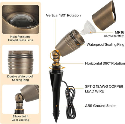 LUTEC Solid Brass Low Voltage Landscape Lighting, 12V Heavy Duty Waterproof Landscape Spotlights Bronze, Wired Uplights Outdoor Fixtureswith ABS Spike, Garden Yard Pathway Tree with MR16 Bulb