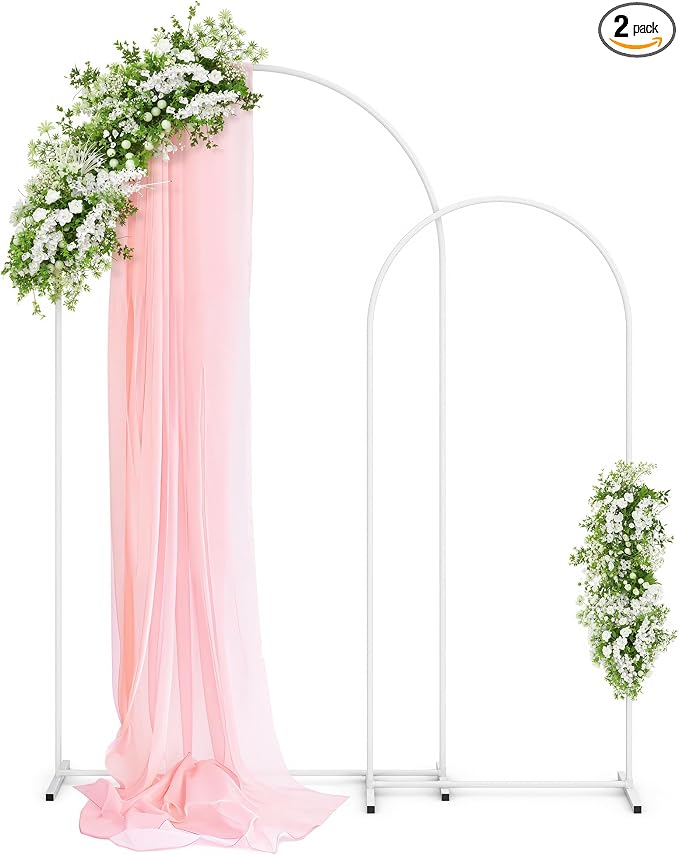 Pureegg Metal Arch Backdrop Stand Set - Set of 2 (7.2ft/6.0ft), White Wedding Stand with Stable Base, Elegant Backdrop Cover for Party, Birthday, Baby Shower, Graduation, Easy to Assemble