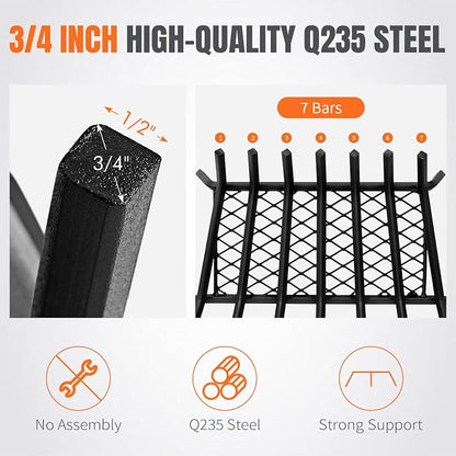 Fireplace Grates with Ember Retainer- 21 Inch Fireplace Log Grate Heavy Duty Solid Steel 7-Bars, Fire Grate, Inside Wrought Cast Iron Wood Stove Pit for Indoor Outdoor Chimney Hearth