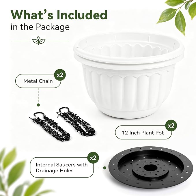 YIKUSH 12 Inch Hanging Planters for Outdoor Plants, 2 Pack Plastic Hanging Flower Pots with Drainage Hole & Tray, Hanging Basket Style Pots for Porch Patio Balcony Decor (White)
