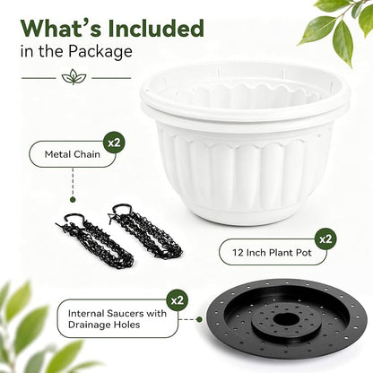 YIKUSH 12 Inch Hanging Planters for Outdoor Plants, 2 Pack Plastic Hanging Flower Pots with Drainage Hole & Tray, Hanging Basket Style Pots for Porch Patio Balcony Decor (White)