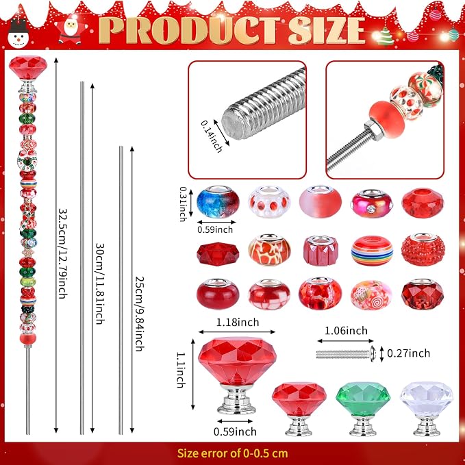 AIPRIDY DIY Crystal Beaded Fairy Wand Garden Stakes Kit, Colorful Decorative Wands with Assembly Guide, 12 or 10 Inch Threaded Rods,Outdoor Garden Decoration Set (174, Red+Green+White+Diamond Top)