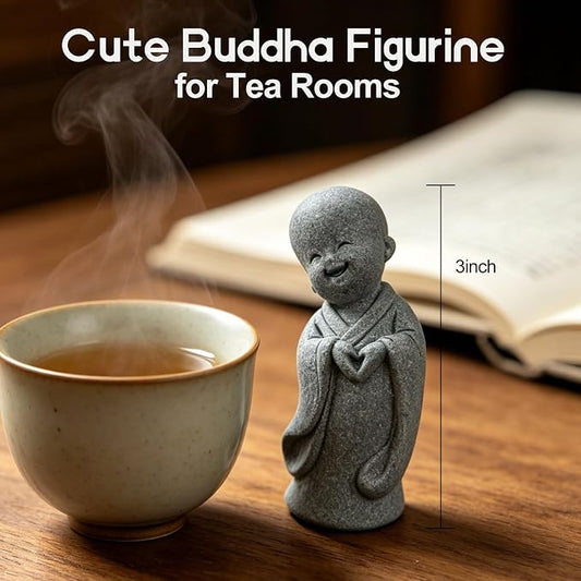 Happy Little Monk Statue, Smiling Buddha Figurine | Zen Garden Spiritual Decor, For Home Office Desk, Yoga Studio, Tea Room, Feng Shui Blessing Ornament