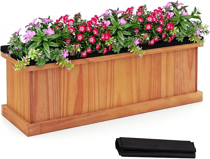 Giantex Outdoor Raised Garden Bed, 28” x 10” x 10” Pine Wood Planter Box with 3 Drainage Holes, Removable Bottom & Bed Liner, Rectangular Flower Container for Vegetables, Herbs, Indoor & Outdoor