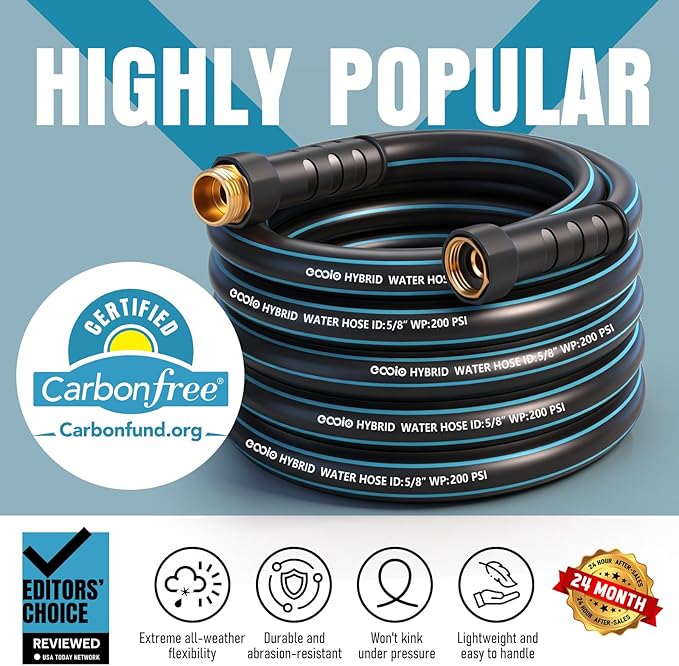 Garden Hose 75 ft x 5/8" with Nozzle, Water Hose Heavy Duty Flexible, Lightweight Kink-less Hybrid Hose with Swivel Handle, Male to Female Fittings