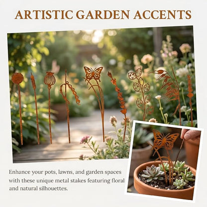9PCS Metal Garden Stakes Decorative Flower Plant Stakes, Rustic Iron Yard Art Plant Picks for Outdoor Indoor Planters, Succulent Pot Decor, Lawn Patio Garden Ornaments, Gift for Garden Lovers