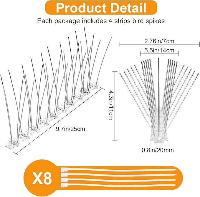Bird Spikes, Bird Deterrent, 4 Strip Stainless Steel Anti Bird Spikes, Repellent Pigeon Spikes for Small Birds, Spikes for Roof, Balcony and Fence, Anti-Bird Fence Spikes Cover 3.4 Feet(1M)